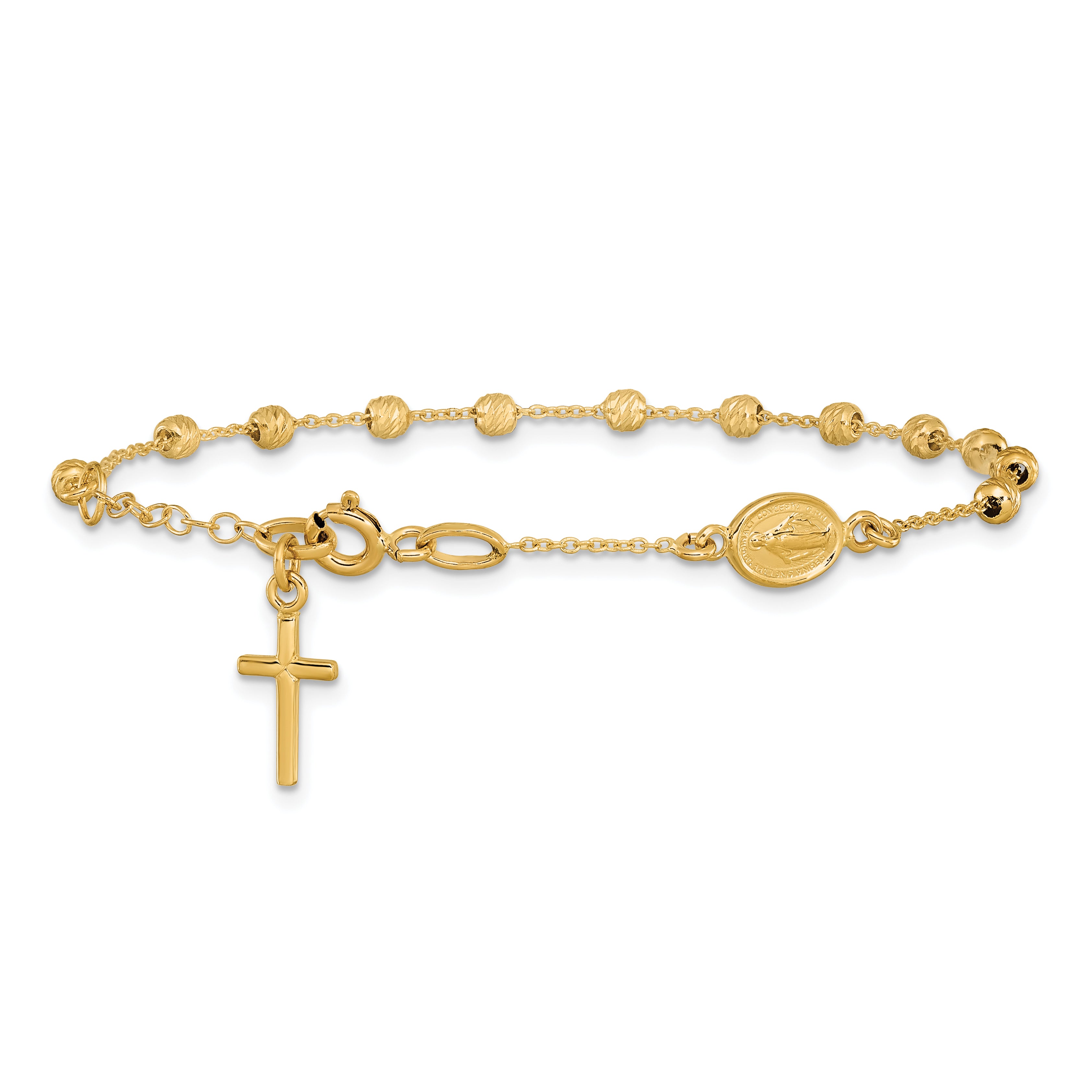 14k Polished D/C Cross and Miraculous Medal .75in ext. Bracelet