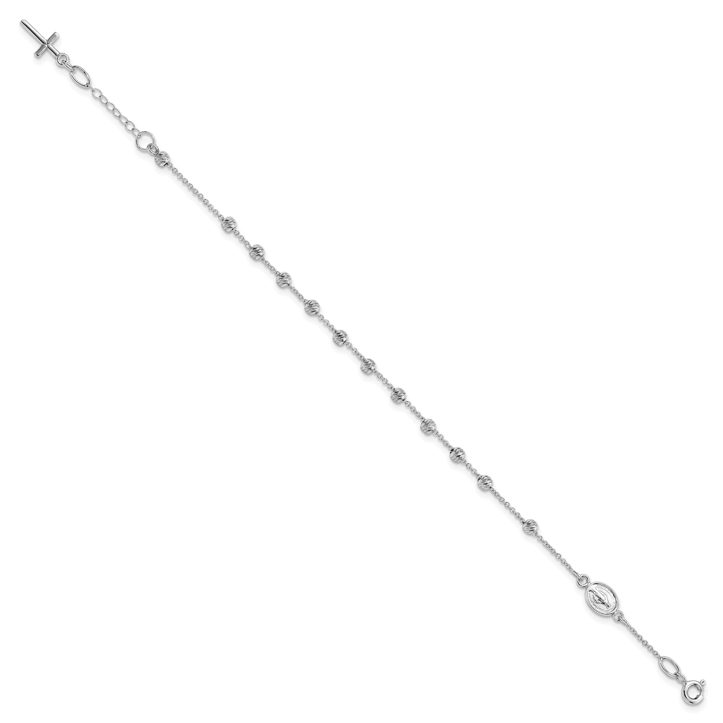 14k White Gold D/C Cross and Miraculous Medal .75in ext. Bracelet Secondary image