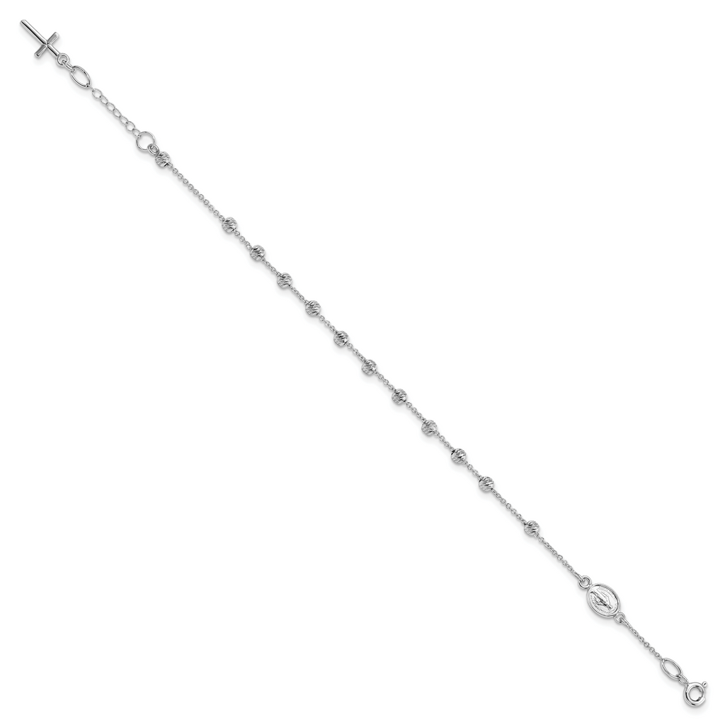 14k White Gold D/C Cross and Miraculous Medal .75in ext. Bracelet