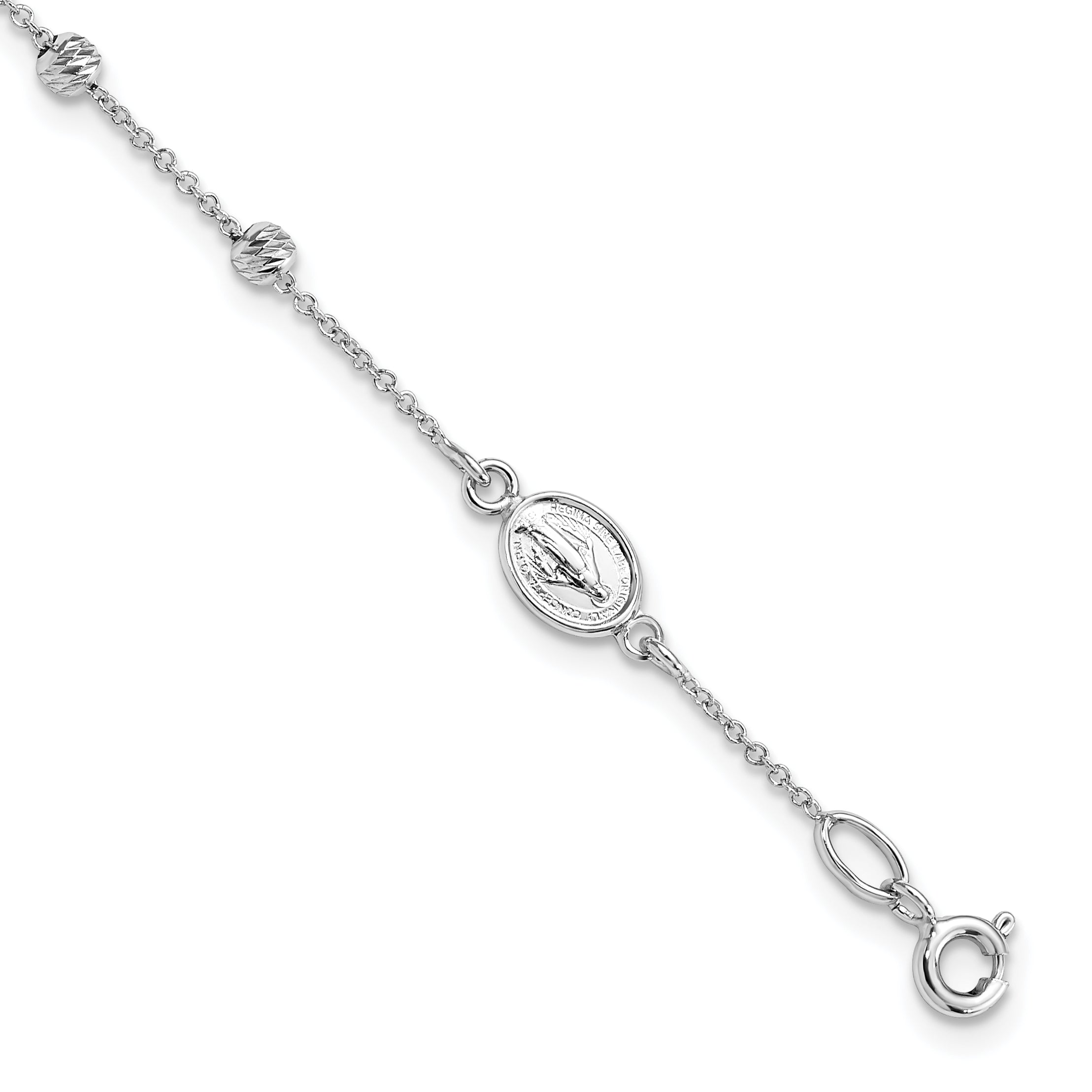 14k White Gold D/C Cross and Miraculous Medal .75in ext. Bracelet Main image