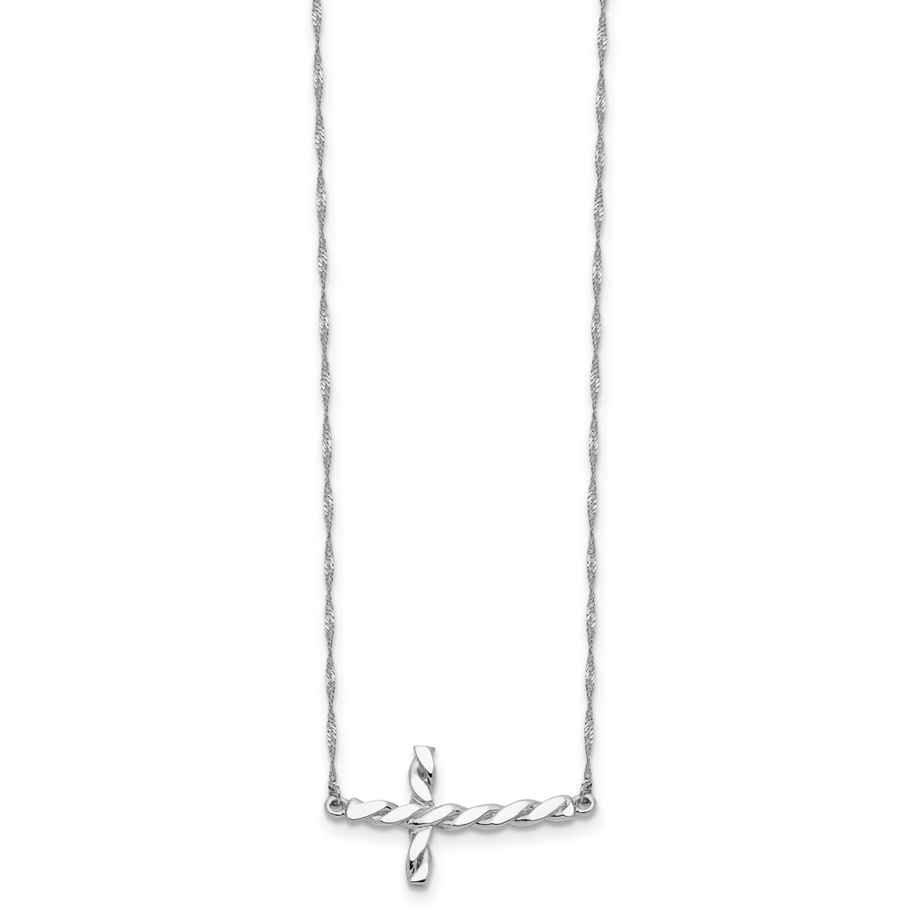 14K White Gold Polished Twisted Sideways Cross Necklace by Sophia Jewelers