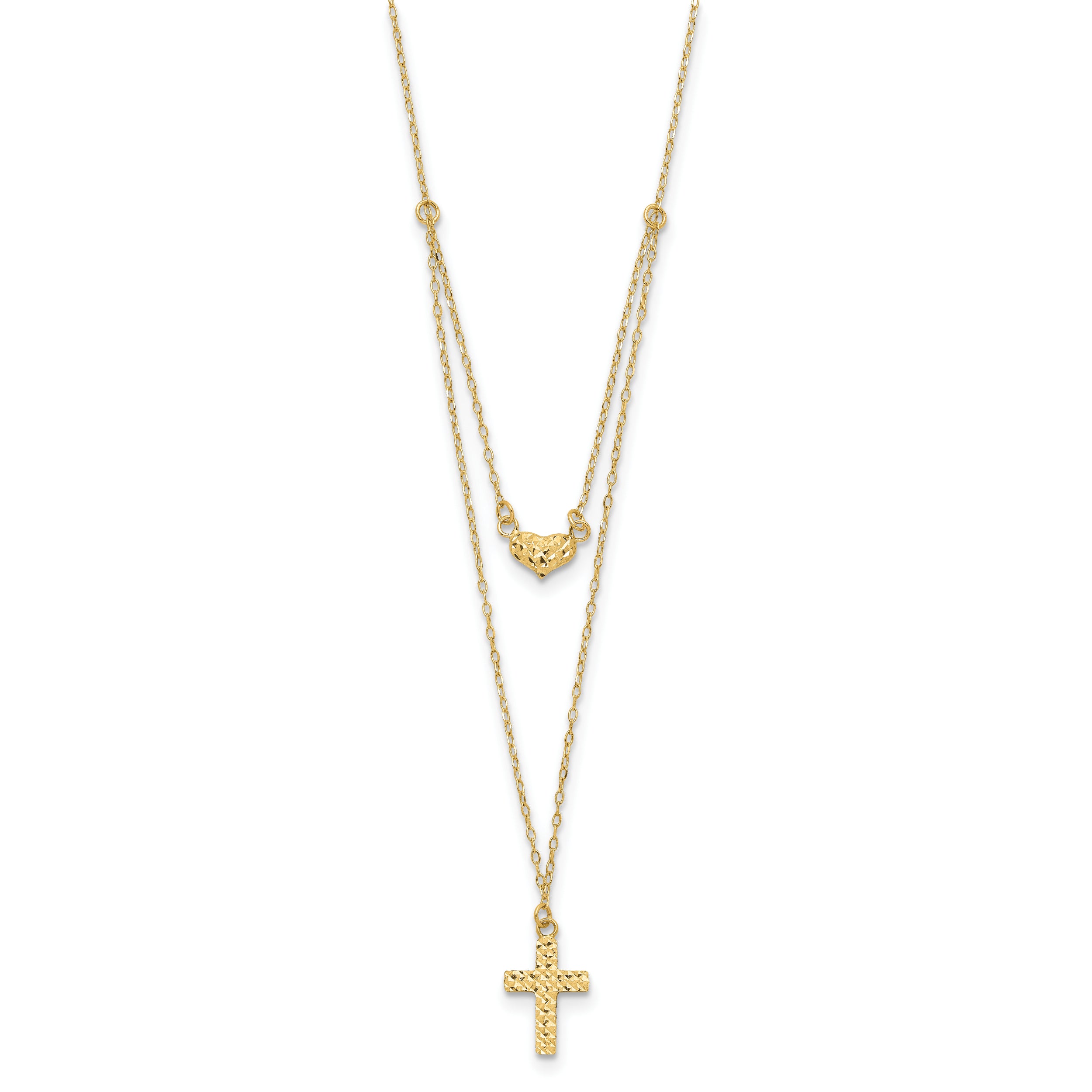 14K Gold Polished Cross & Heart Necklace with Extender Elegant Women's Jewelry