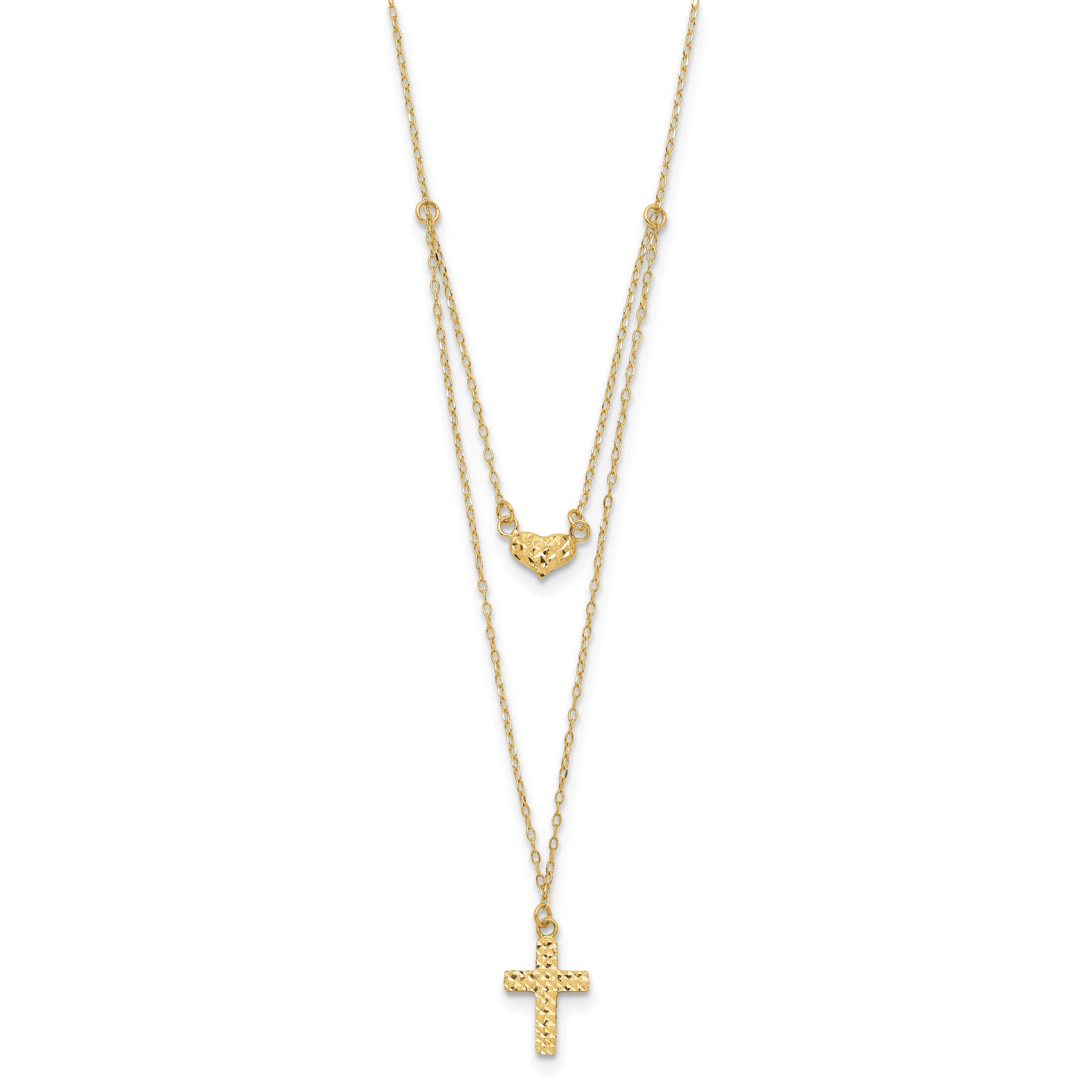 14k Polished 2-Strand D/C Cross & Heart w/2in. Ext. Necklace