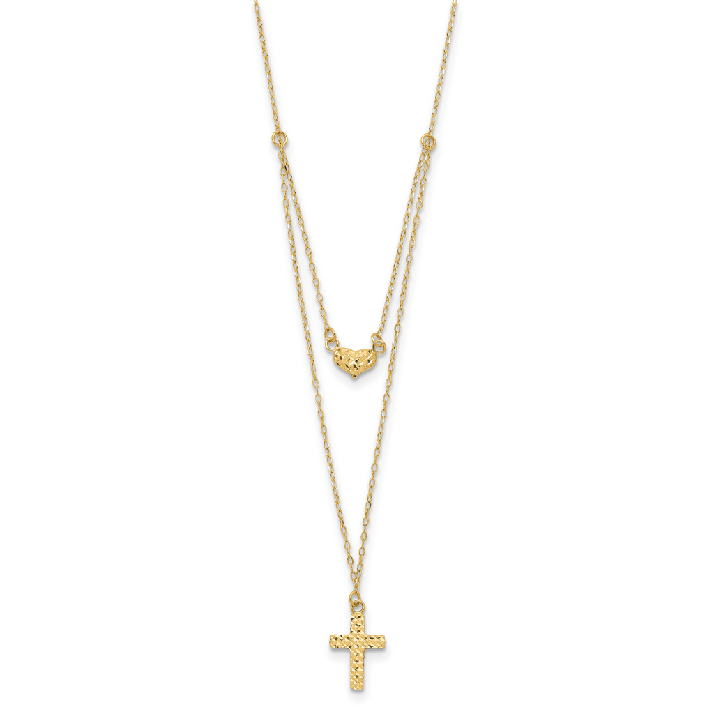 14K Gold Polished Cross & Heart Necklace with Extender Elegant Women's Jewelry
