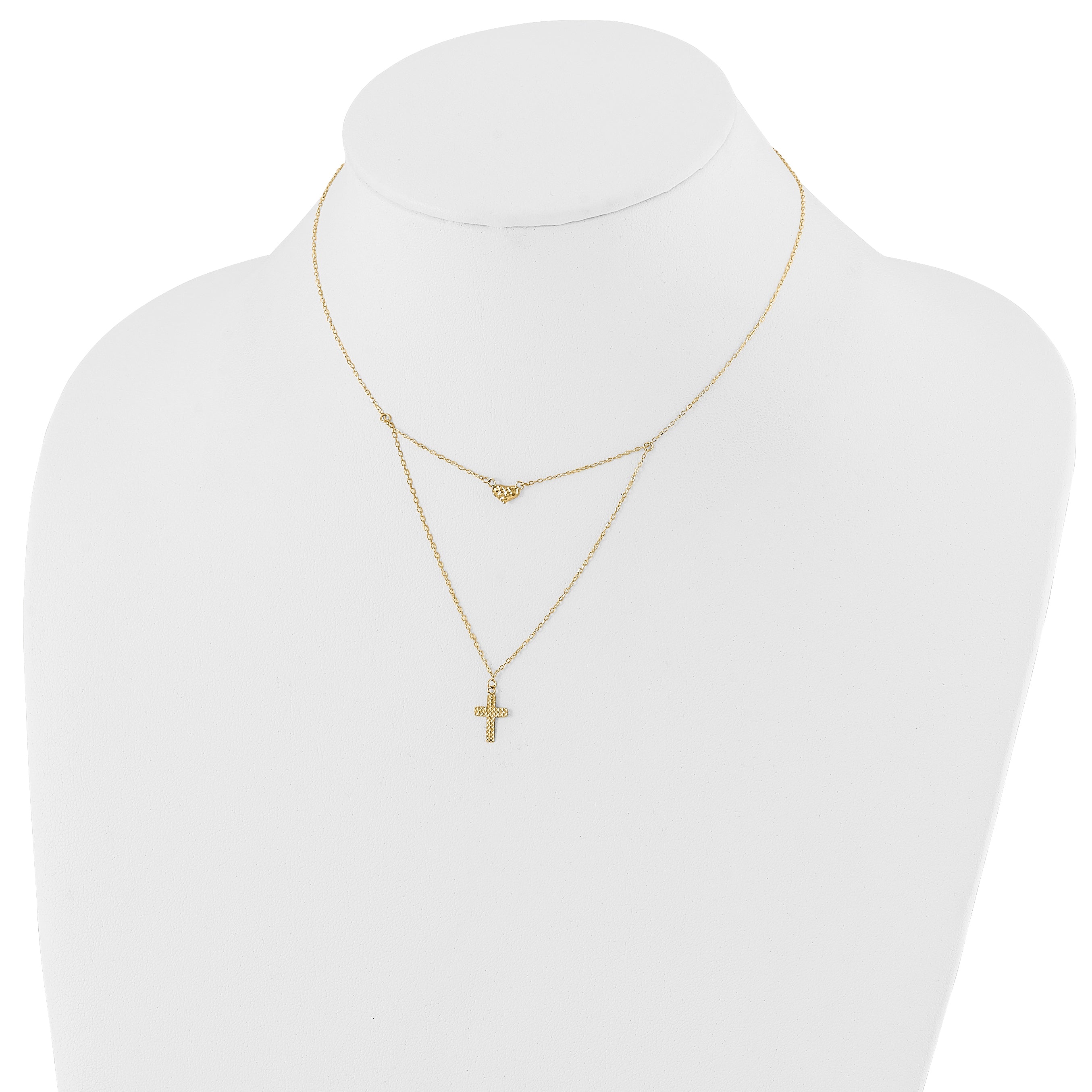 14K Gold Polished Cross & Heart Necklace with Extender Elegant Women's Jewelry