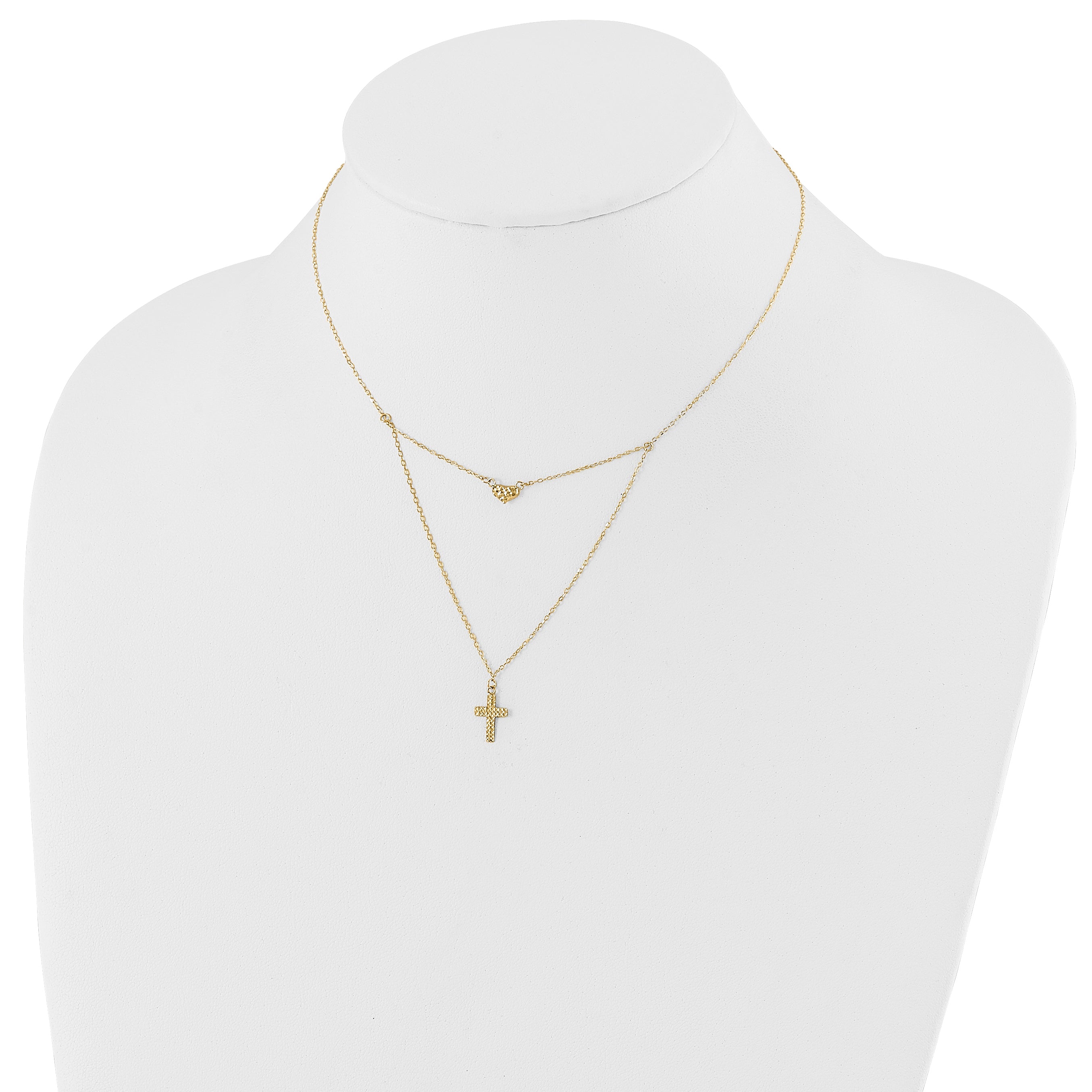 14k Polished 2-Strand D/C Cross & Heart w/2in. Ext. Necklace