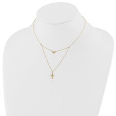 14k Polished 2-Strand D/C Cross & Heart w/2in. Ext. Necklace