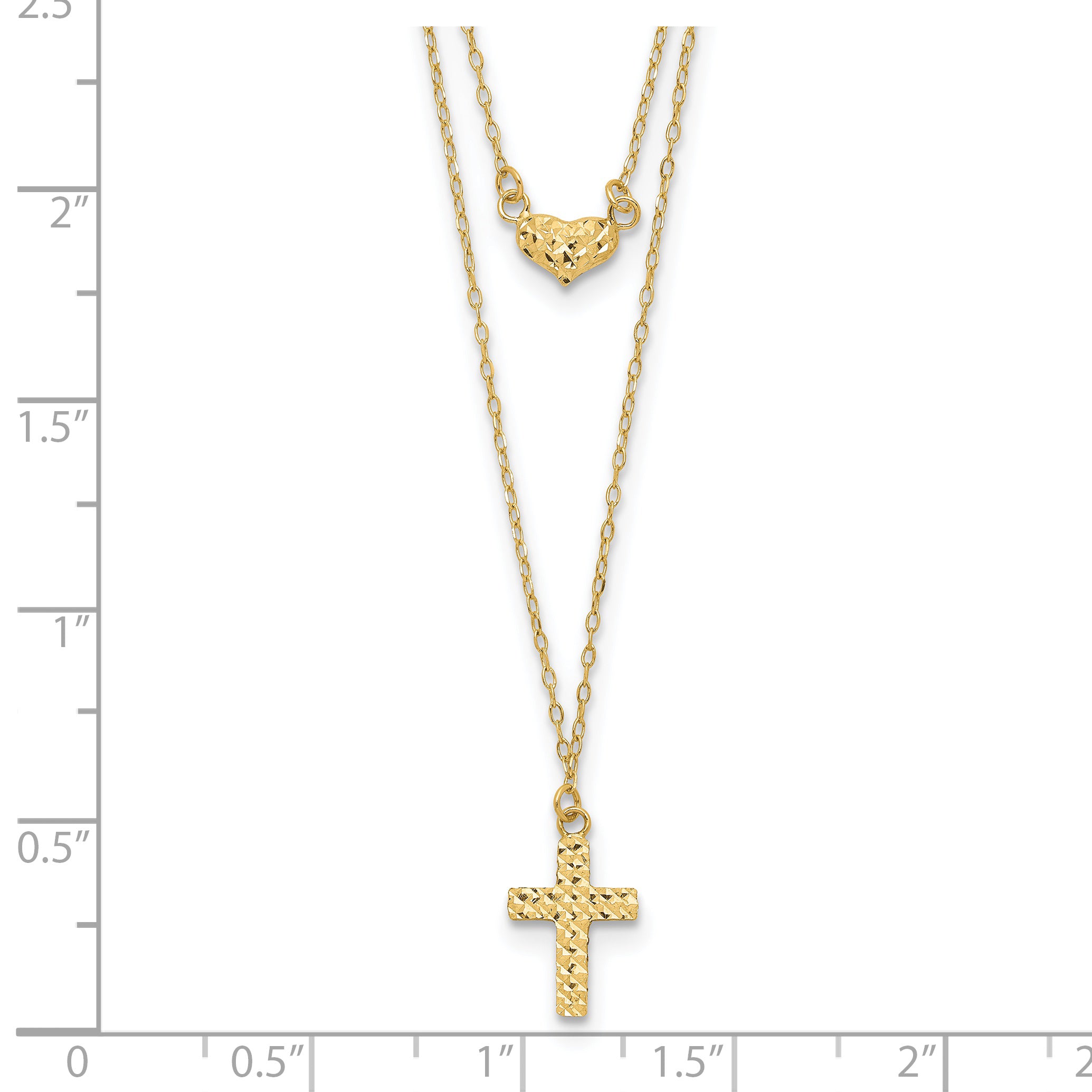 14k Polished 2-Strand D/C Cross & Heart w/2in. Ext. Necklace