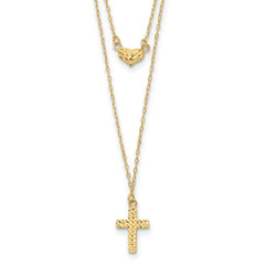 14k Polished 2-Strand D/C Cross & Heart w/2in. Ext. Necklace