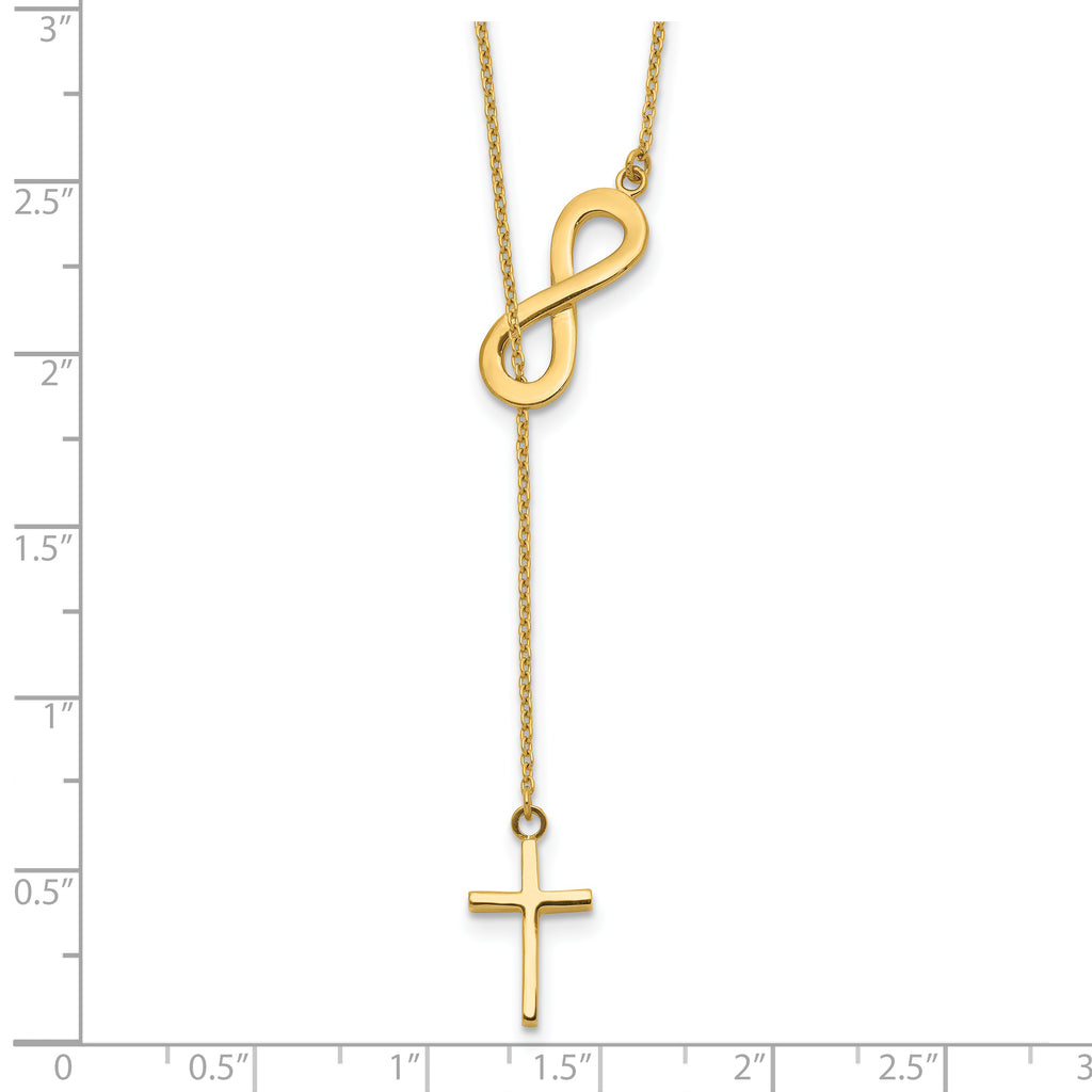 14K Gold Polished Infinity & Cross Lariat Necklace with Elegant Charm