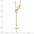 14K Gold Polished Infinity & Cross Lariat Necklace with Elegant Charm