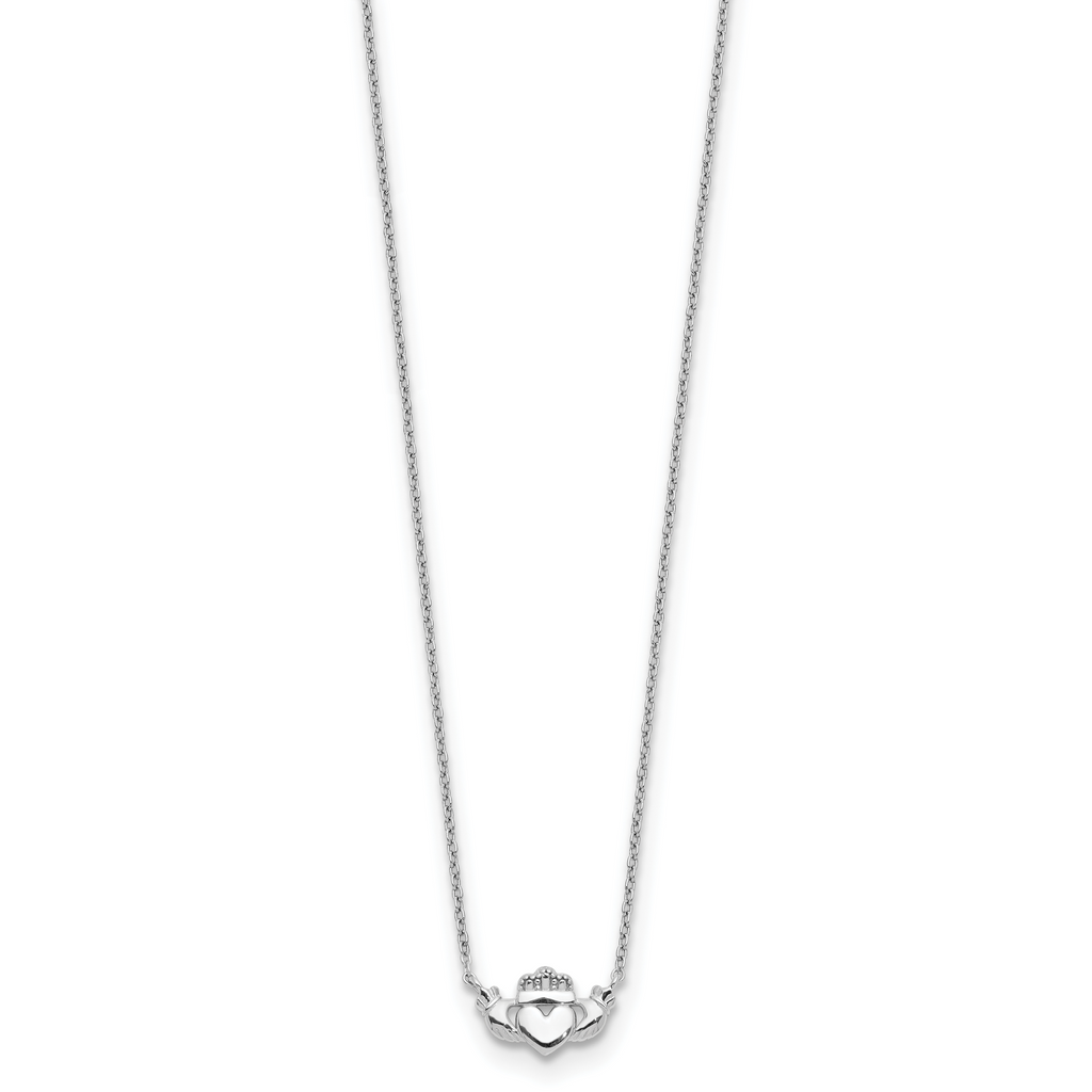 Sophia Jewelers 14K White Gold Claddagh Necklace with Polished Rhodium Finish