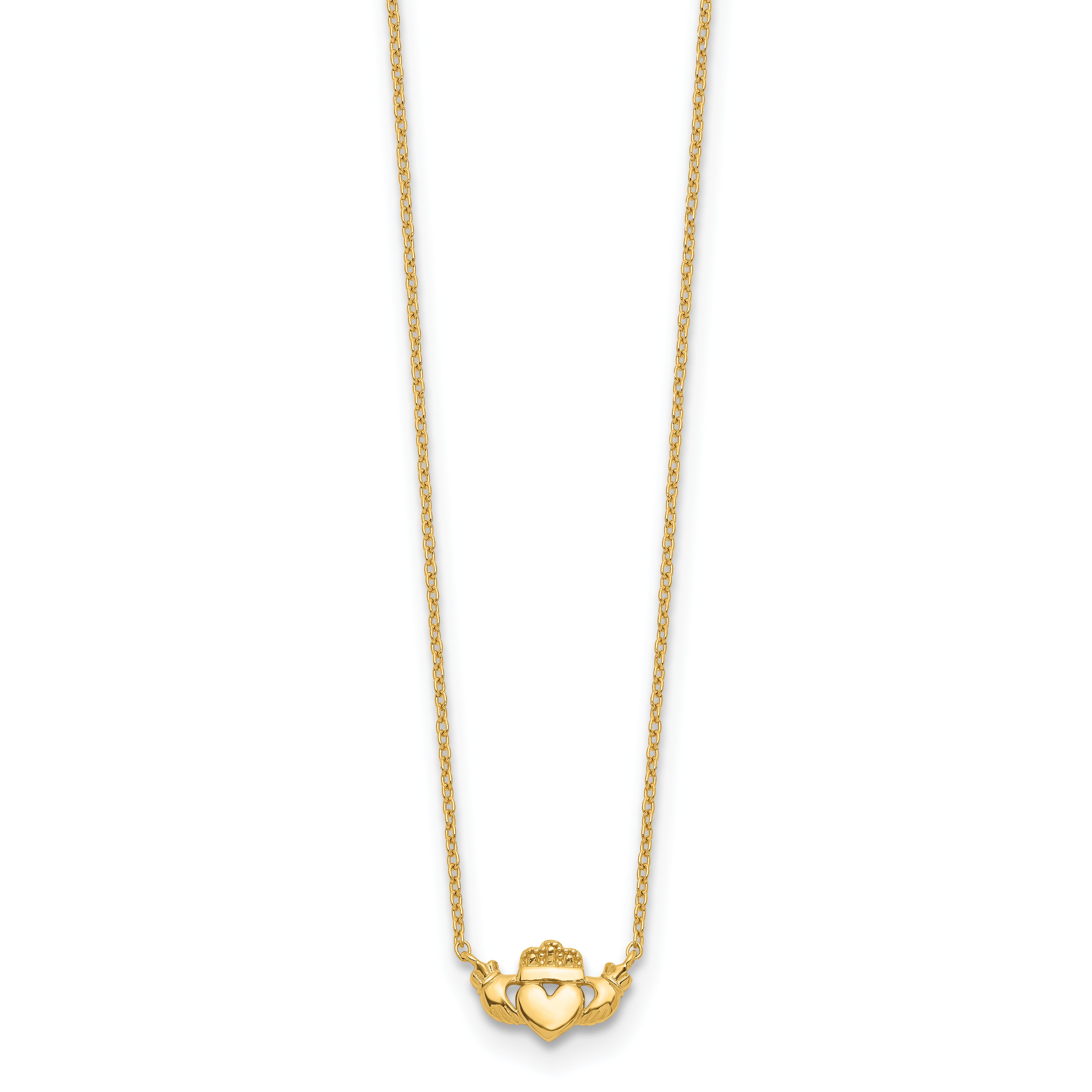 14K Gold Polished Claddagh Necklace Elegant Women's Jewelry 17 Inch