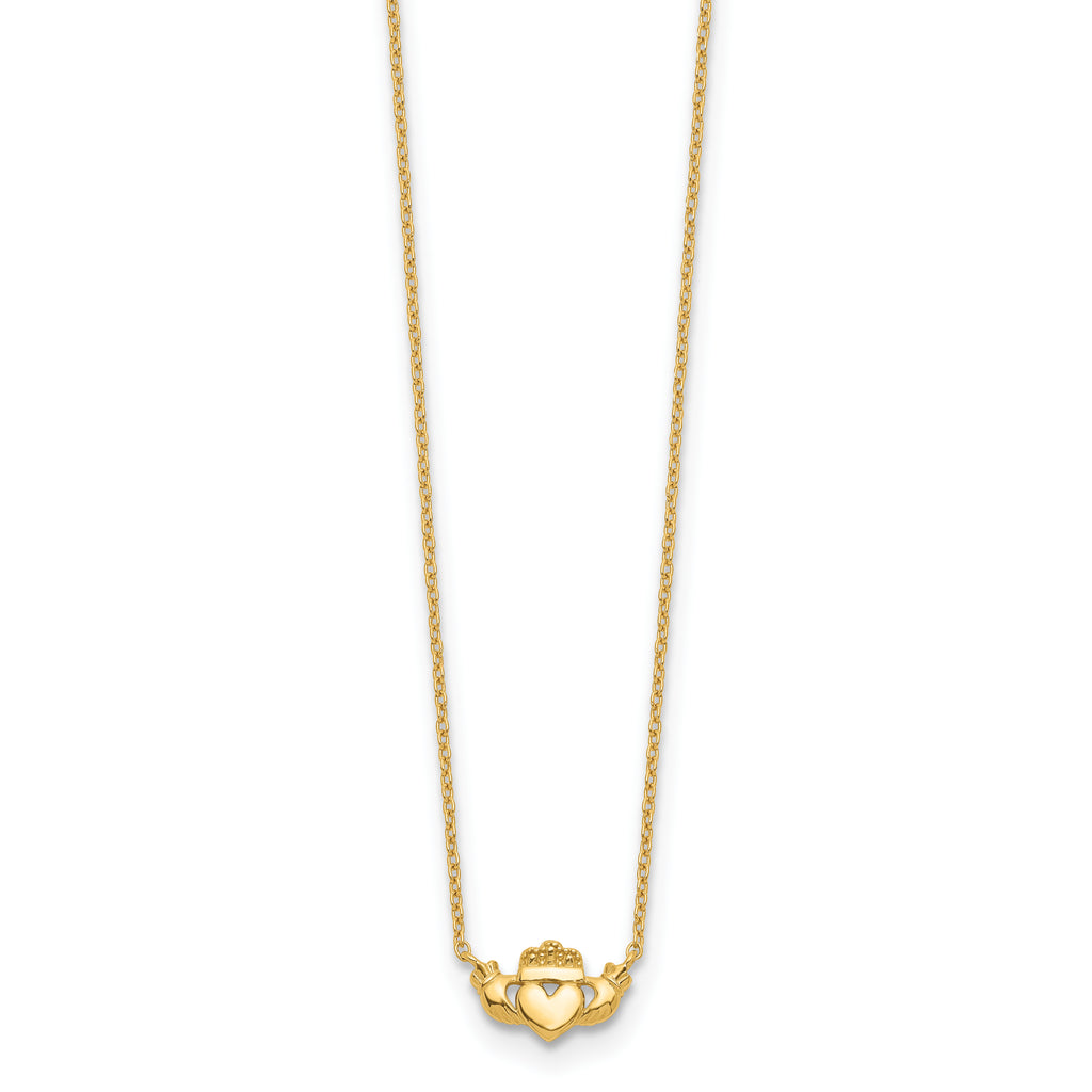 14K Gold Polished Claddagh Necklace Elegant Women's Jewelry 17 Inch