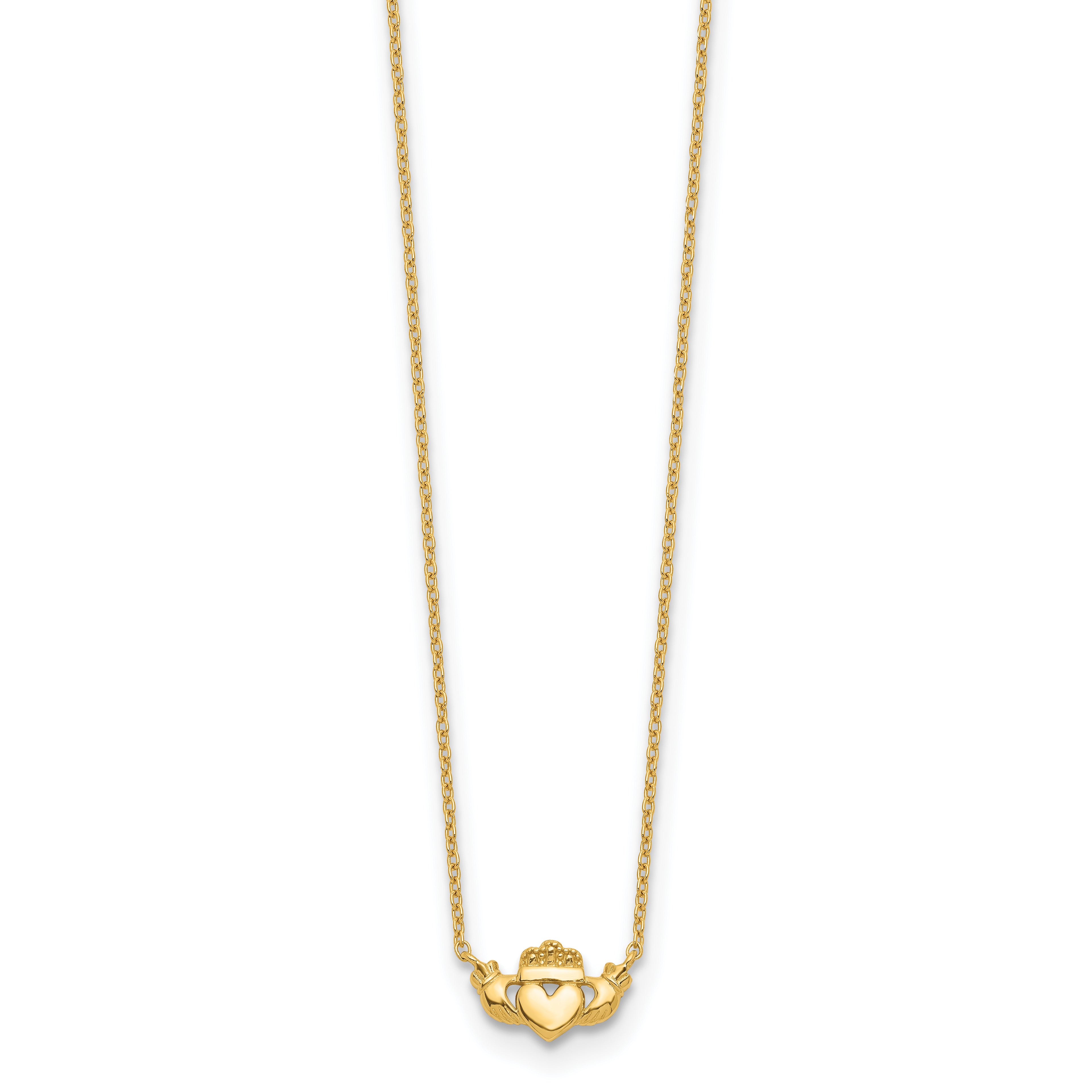 14K Gold Polished Claddagh Necklace Elegant Women's Jewelry 17 Inch