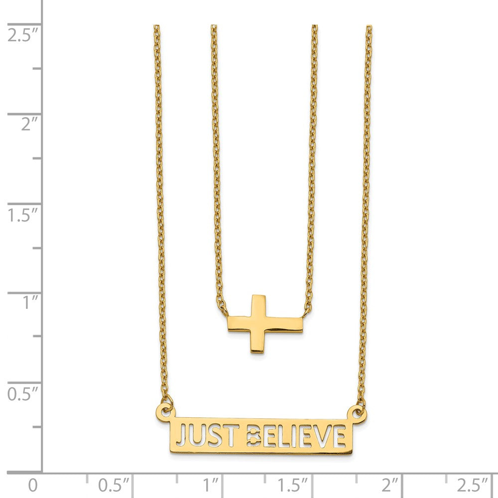 14K Two-Strand Polished Cross & Just Believe Bar Necklace