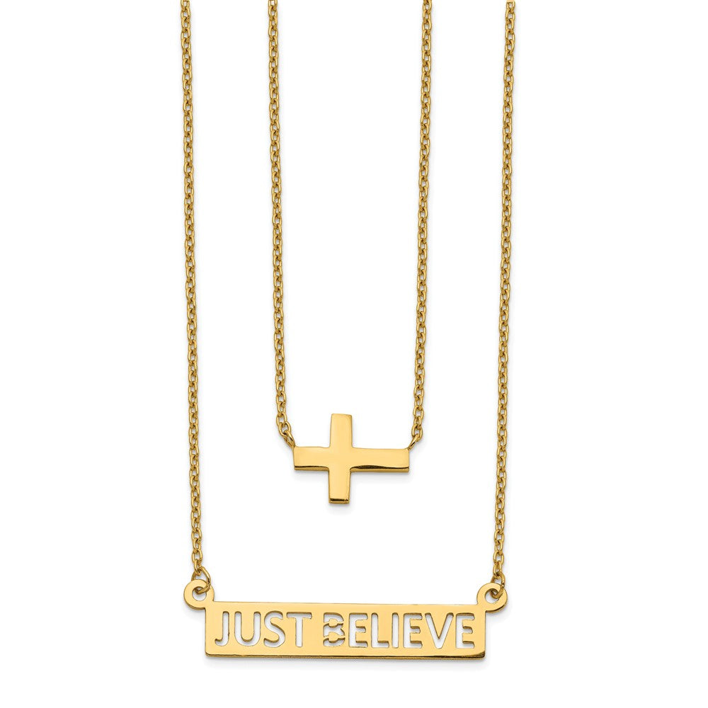 14K Two-Strand Polished Cross & Just Believe Bar Necklace