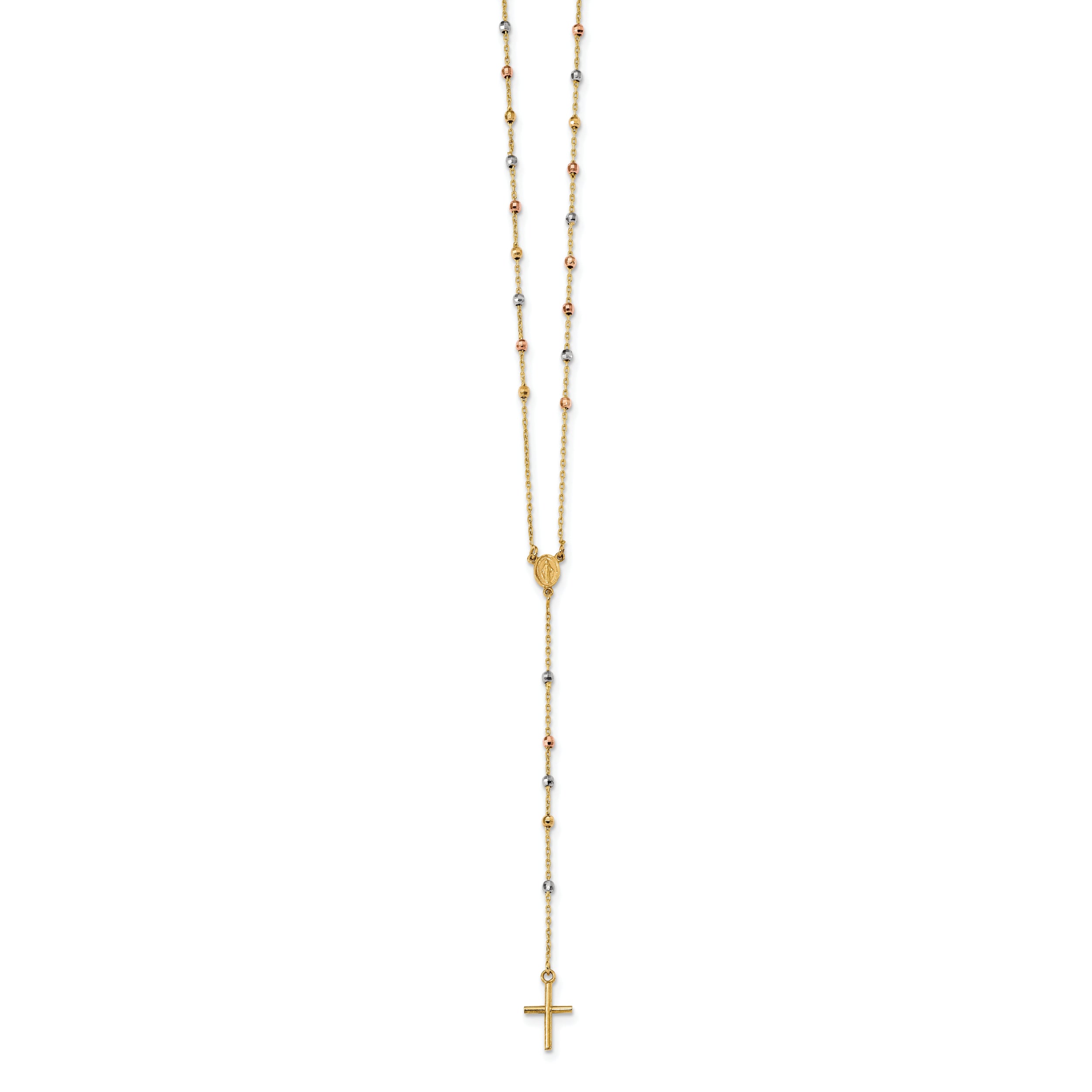 14K Tri-Color Gold Rosary Necklace with Polished Beads and Miraculous Medal
