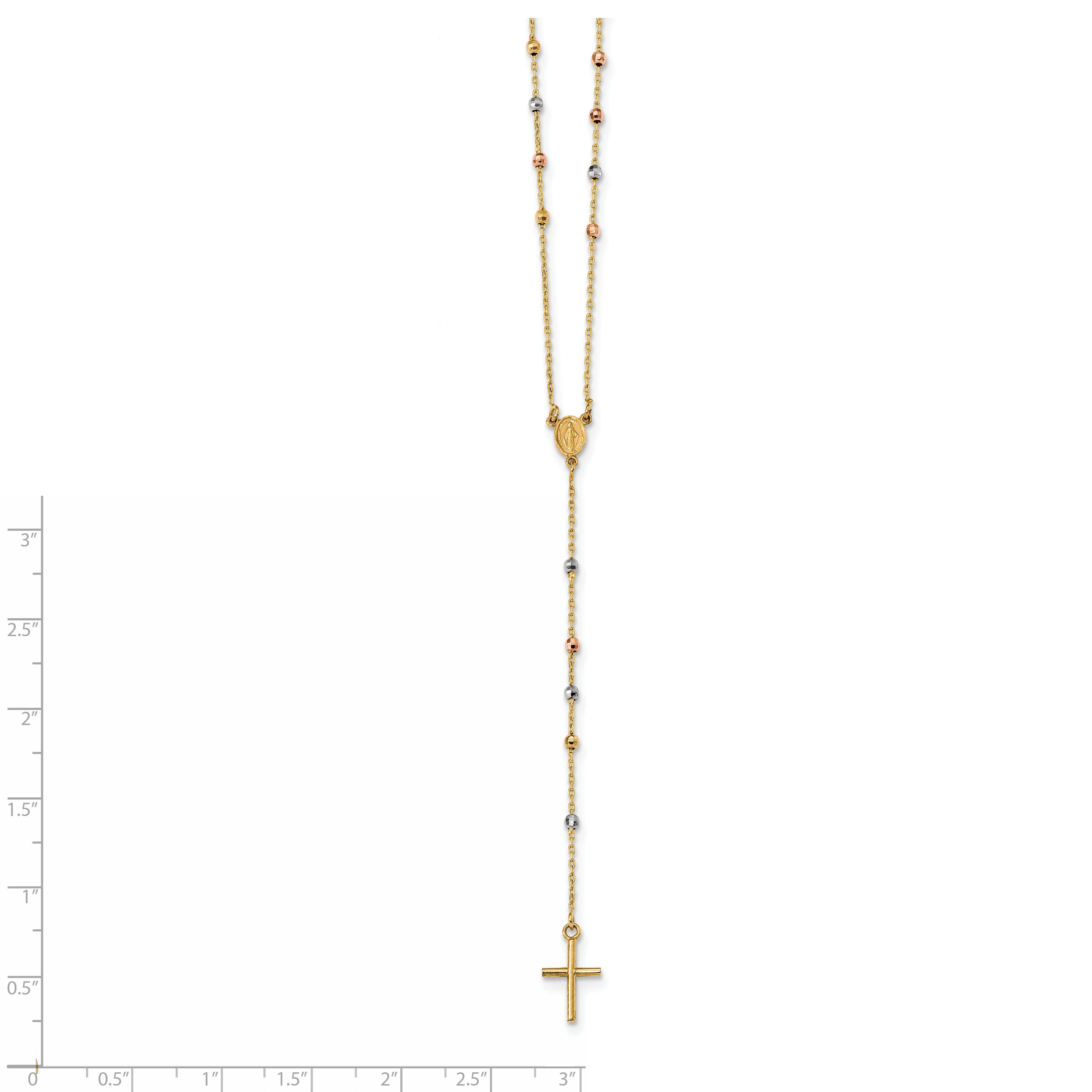 14K Tri-Color Gold Rosary Necklace with Polished Beads and Miraculous Medal