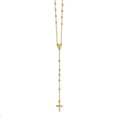 14k Tri-color Polished Bead Rosary Hollow Miraculous Medal 24 inch Necklace