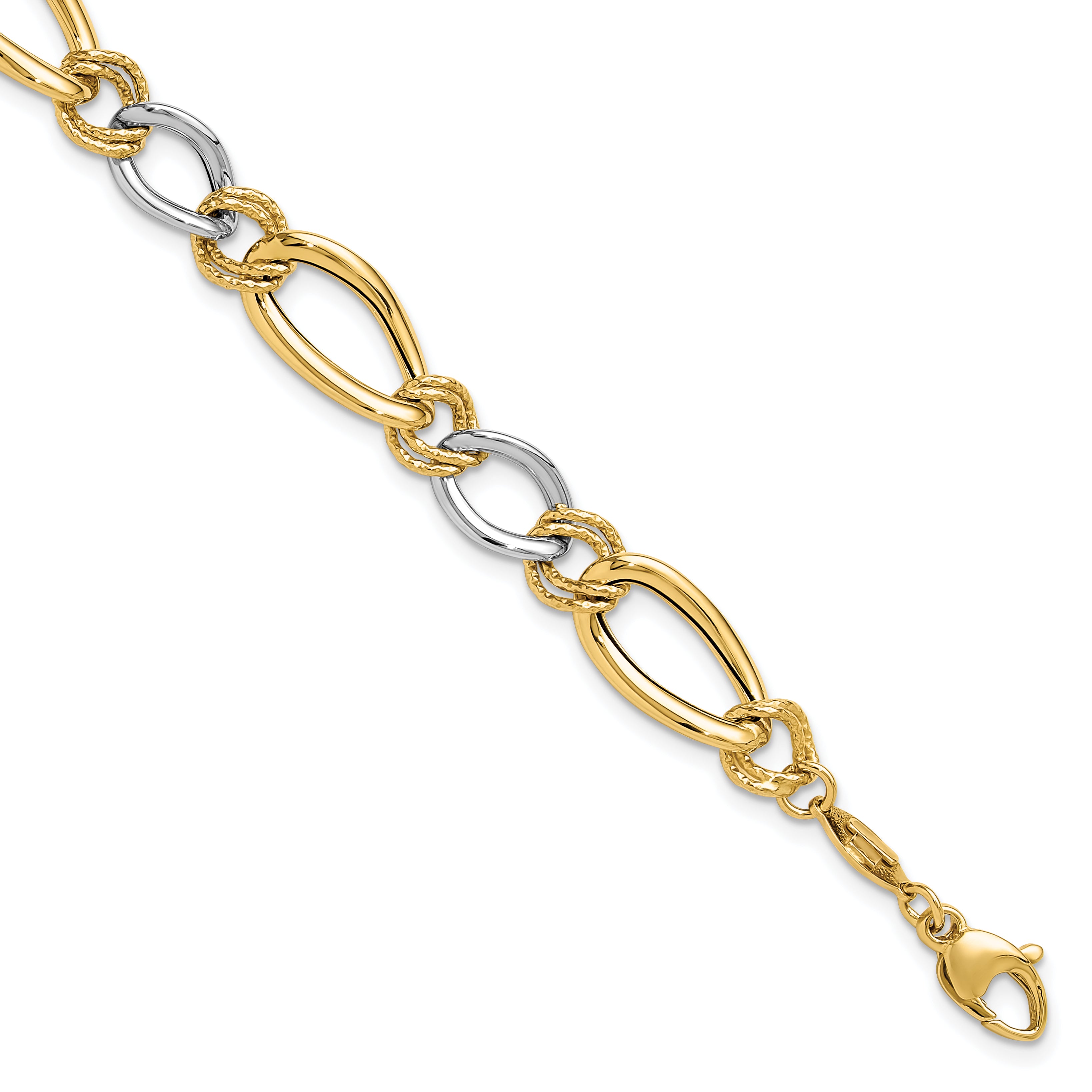 14K Two-tone Polished & Textured Fancy Oval Curb Bracelet Main image