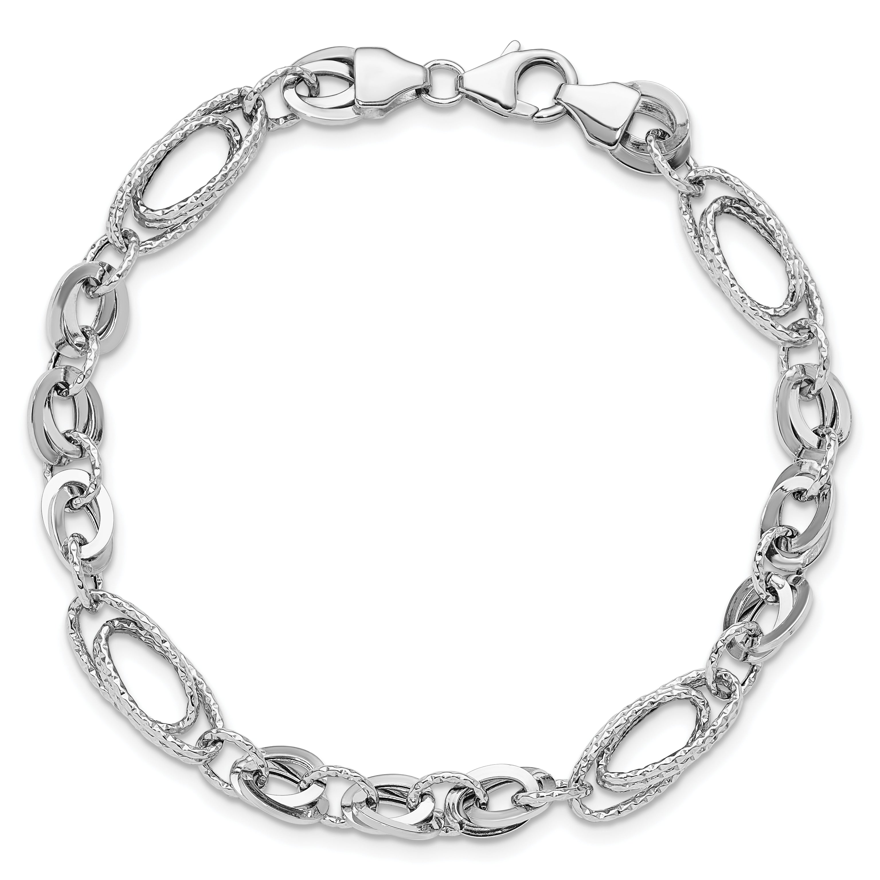 14k White Polished & Textured Oval Fancy Link Bracelet