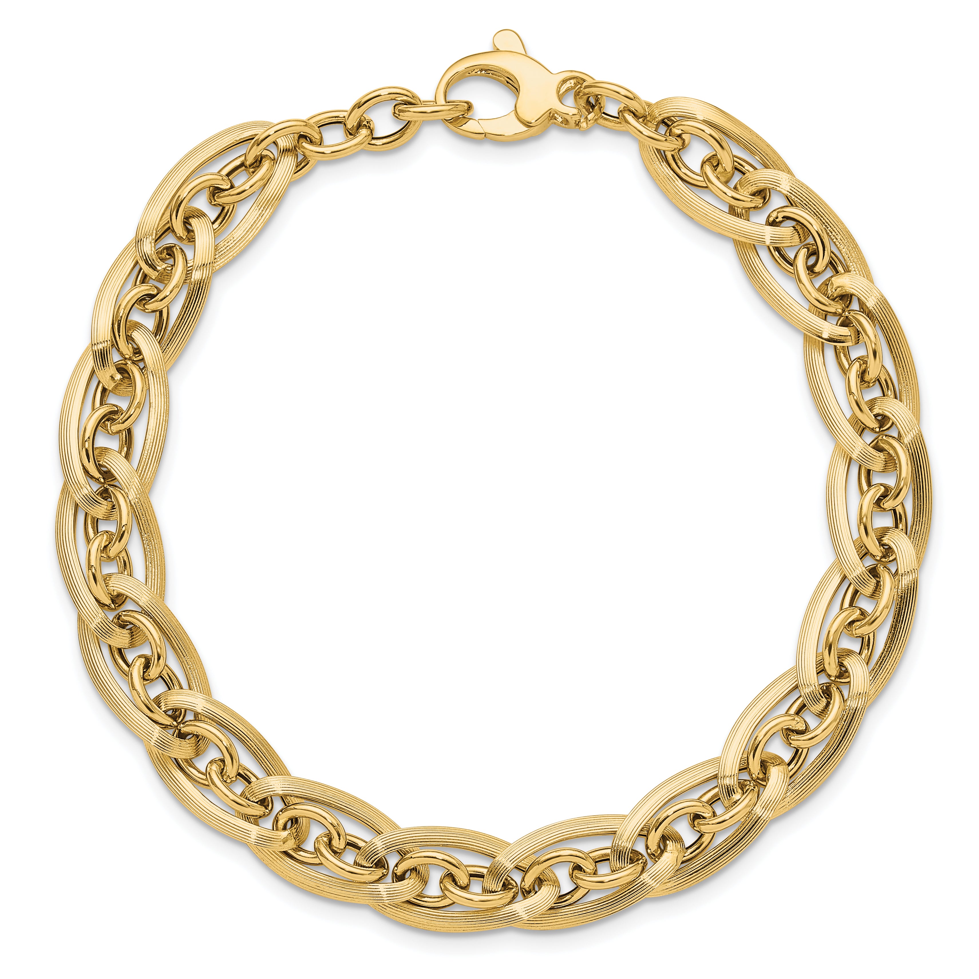 14K Gold Polished and Grooved w/ .5 in ext. Fancy Link Bracelet