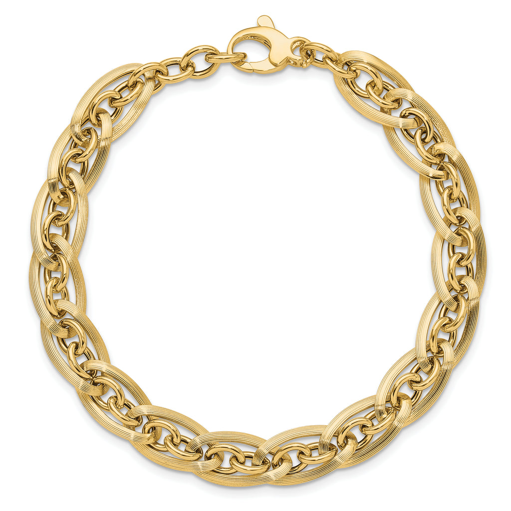 14K Gold Polished and Grooved w/ .5 in ext. Fancy Link Bracelet