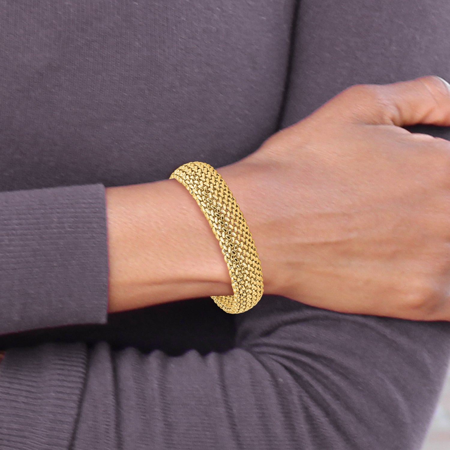 14k 7.25in 13.75mm Polished Mesh Bracelet