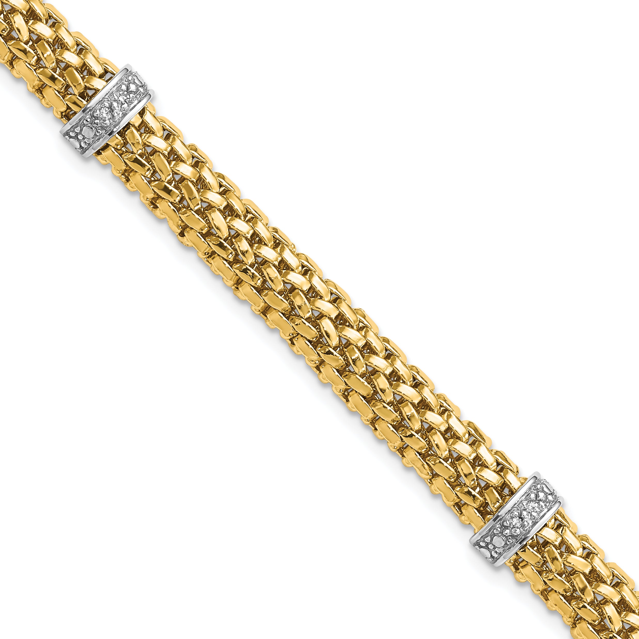 14k Two-Tone 7.25in .05ct Completed Polished Diamond & Mesh Bracelet Main image