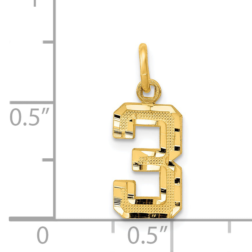 14K Small Brushed Diamond-cut Number 3 Charm