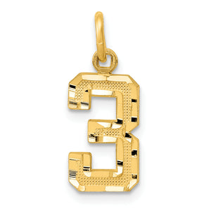 Number 3 Charm in 14K Yellow Gold, 16mm Brushed & Diamond-Cut - Sophia Jewelers