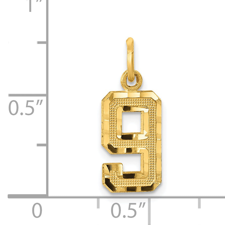 14K Small Brushed Diamond-cut Number 9 Charm