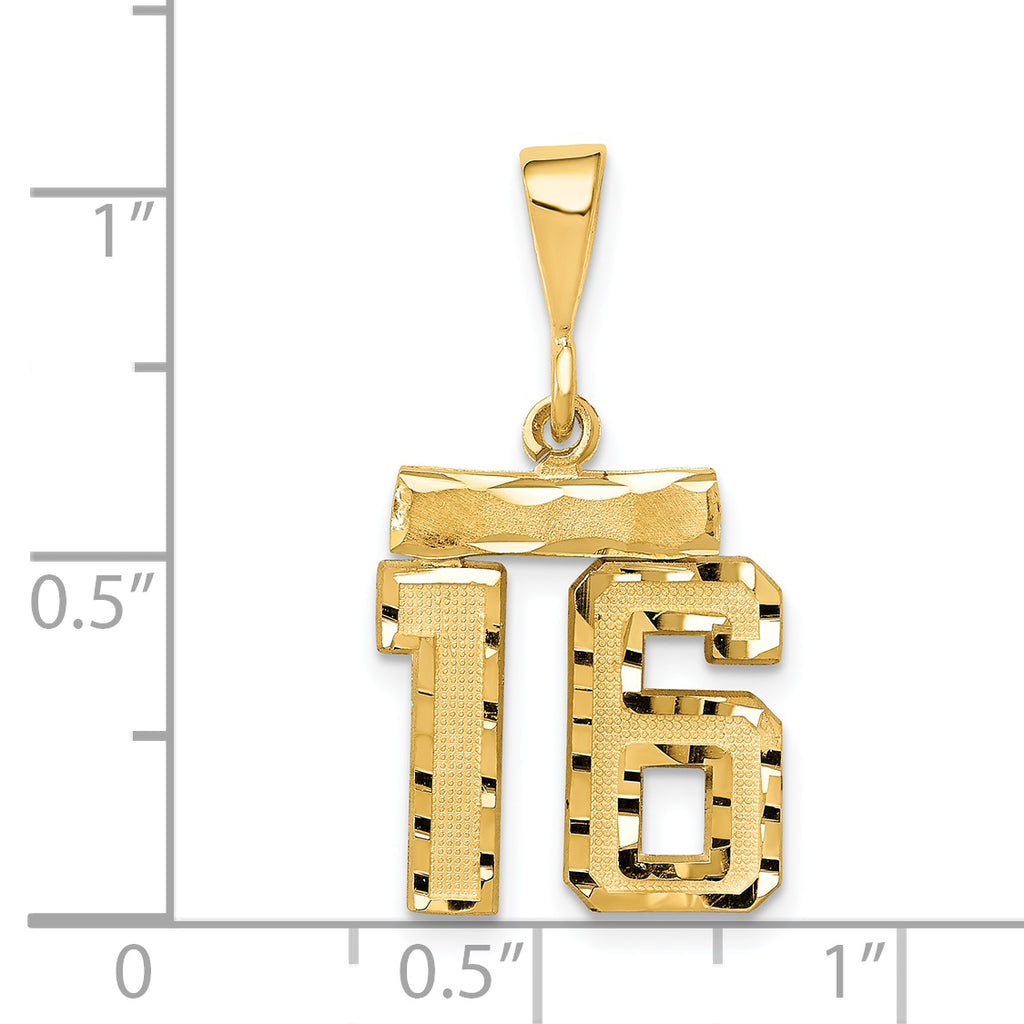 14K Small Brushed Diamond-cut Number 16 Charm