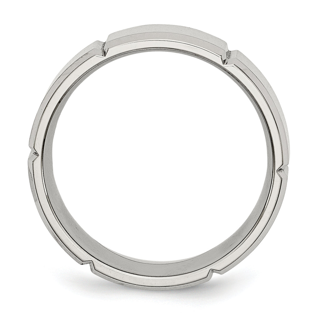 StainleSterling Silver Steel Brushed and Polished Grooved 8mm Beveled Edge Band
