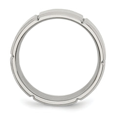 StainleSterling Silver Steel Brushed and Polished Grooved 8mm Beveled Edge Band