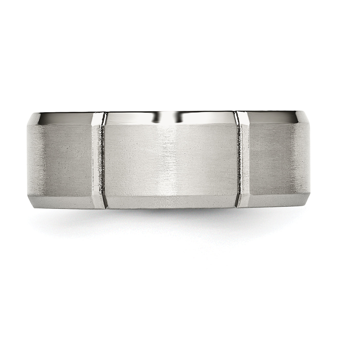 StainleSterling Silver Steel Brushed and Polished Grooved 8mm Beveled Edge Band