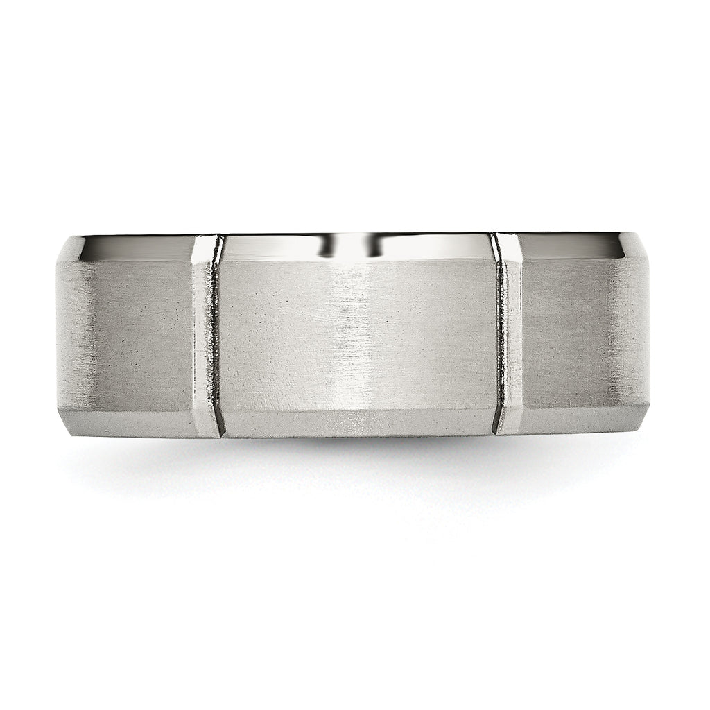 StainleSterling Silver Steel Brushed and Polished Grooved 8mm Beveled Edge Band