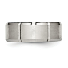 StainleSterling Silver Steel Brushed and Polished Grooved 8mm Beveled Edge Band