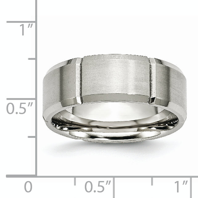 StainleSterling Silver Steel Brushed and Polished Grooved 8mm Beveled Edge Band