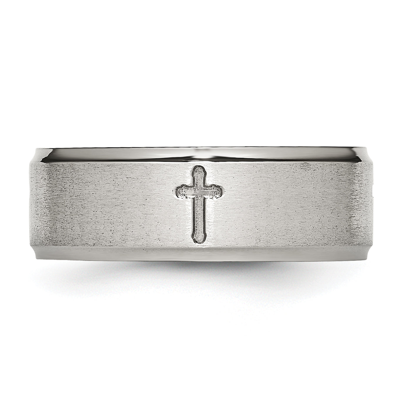 Stainless Steel Brushed and Polished Cross 8mm Ridged Edge Band