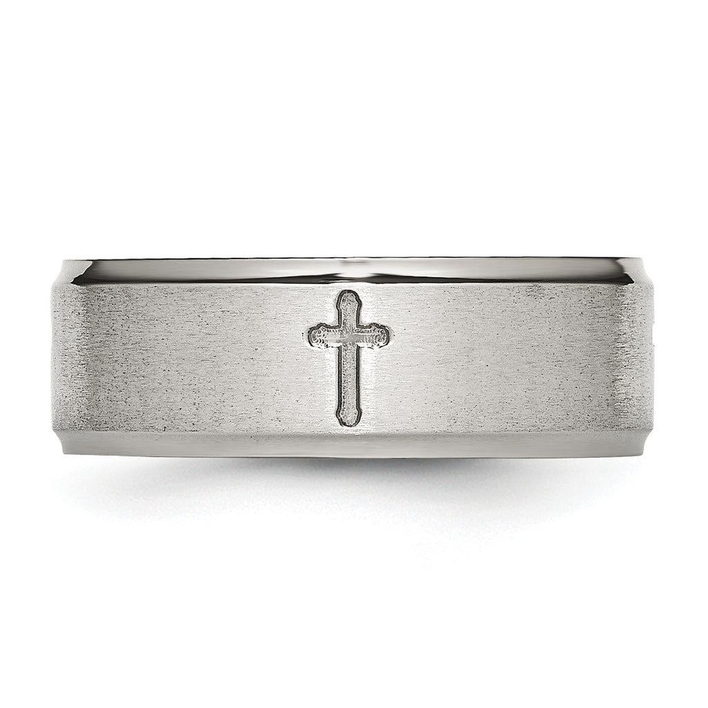 StainleSterling Silver Steel Brushed and Polished CroSterling Silver 8mm Ridged Edge Band