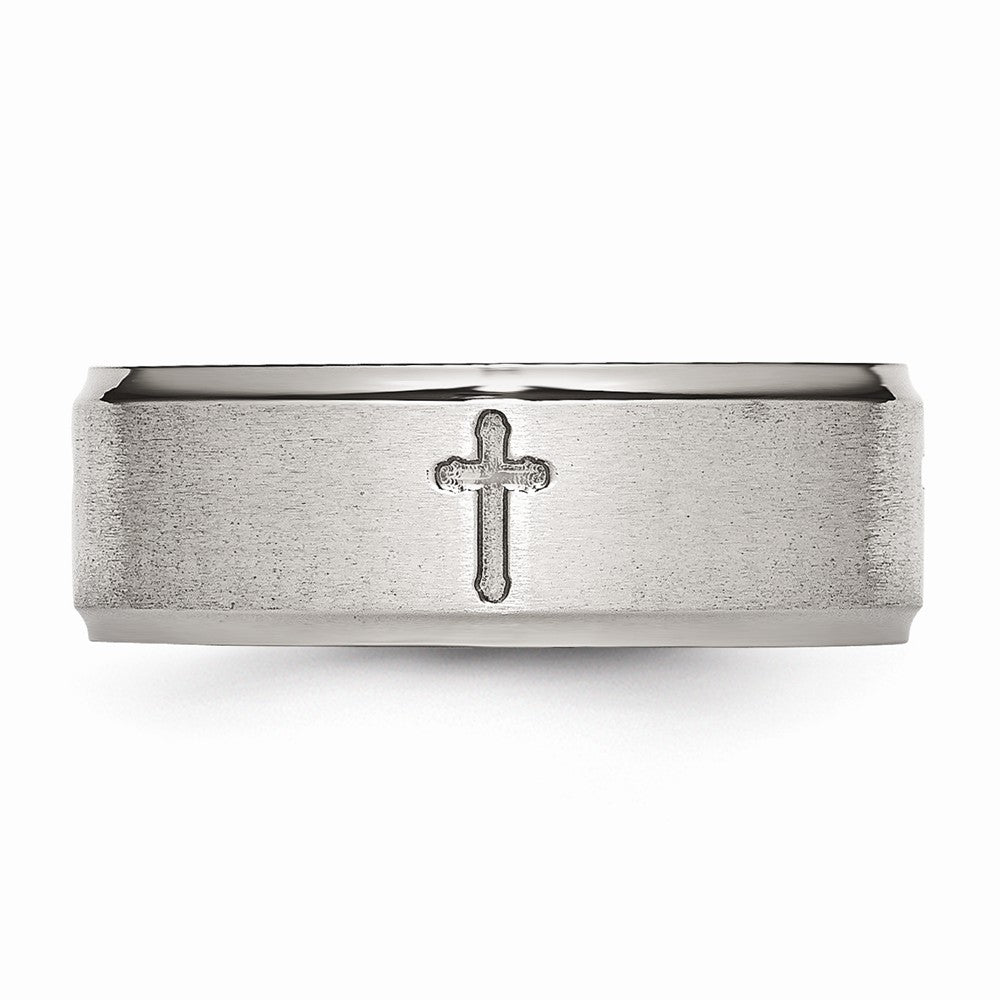 Stainless Steel Ridged Edge Cross 8mm Brushed and Polished Band