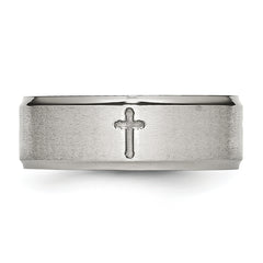 Stainless Steel Brushed and Polished Cross 8mm Ridged Edge Band