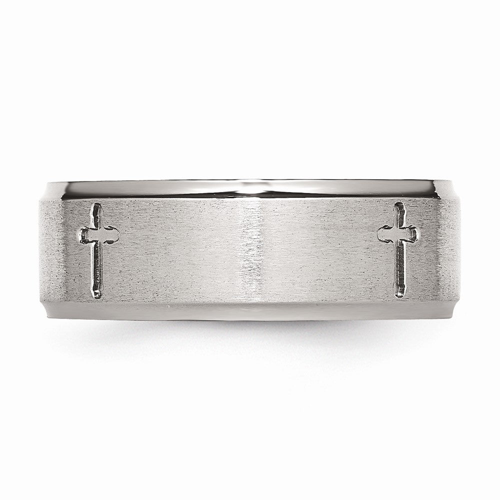 Stainless Steel Ridged Edge Cross 8mm Brushed and Polished Band