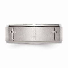 Stainless Steel Ridged Edge Cross 8mm Brushed and Polished Band