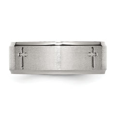 Stainless Steel Brushed and Polished Cross 8mm Ridged Edge Band