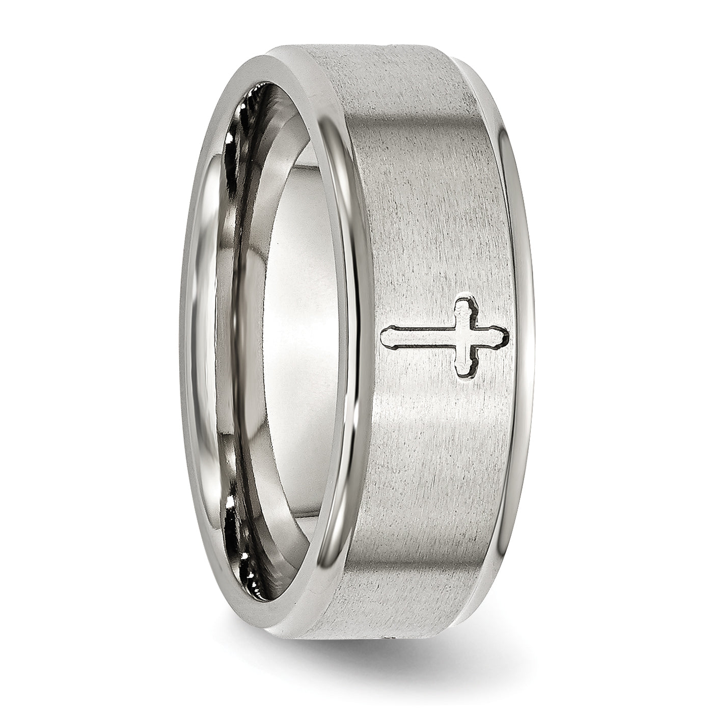 Stainless Steel Brushed and Polished Cross 8mm Ridged Edge Band