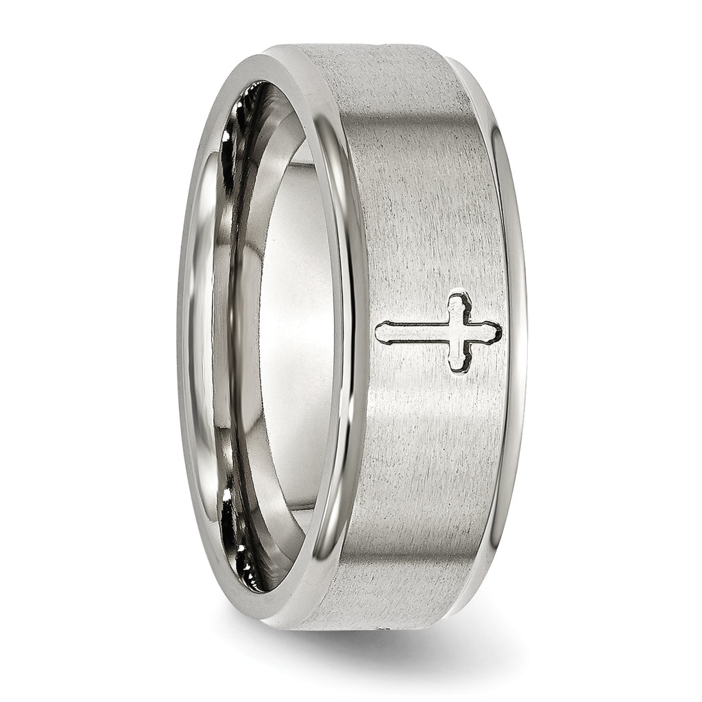 StainleSterling Silver Steel Brushed and Polished CroSterling Silver 8mm Ridged Edge Band