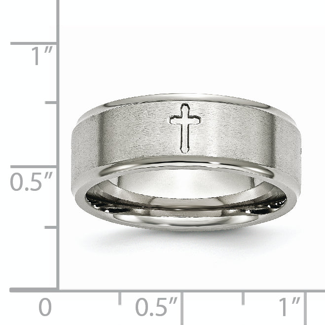 Stainless Steel Brushed and Polished Cross 8mm Ridged Edge Band